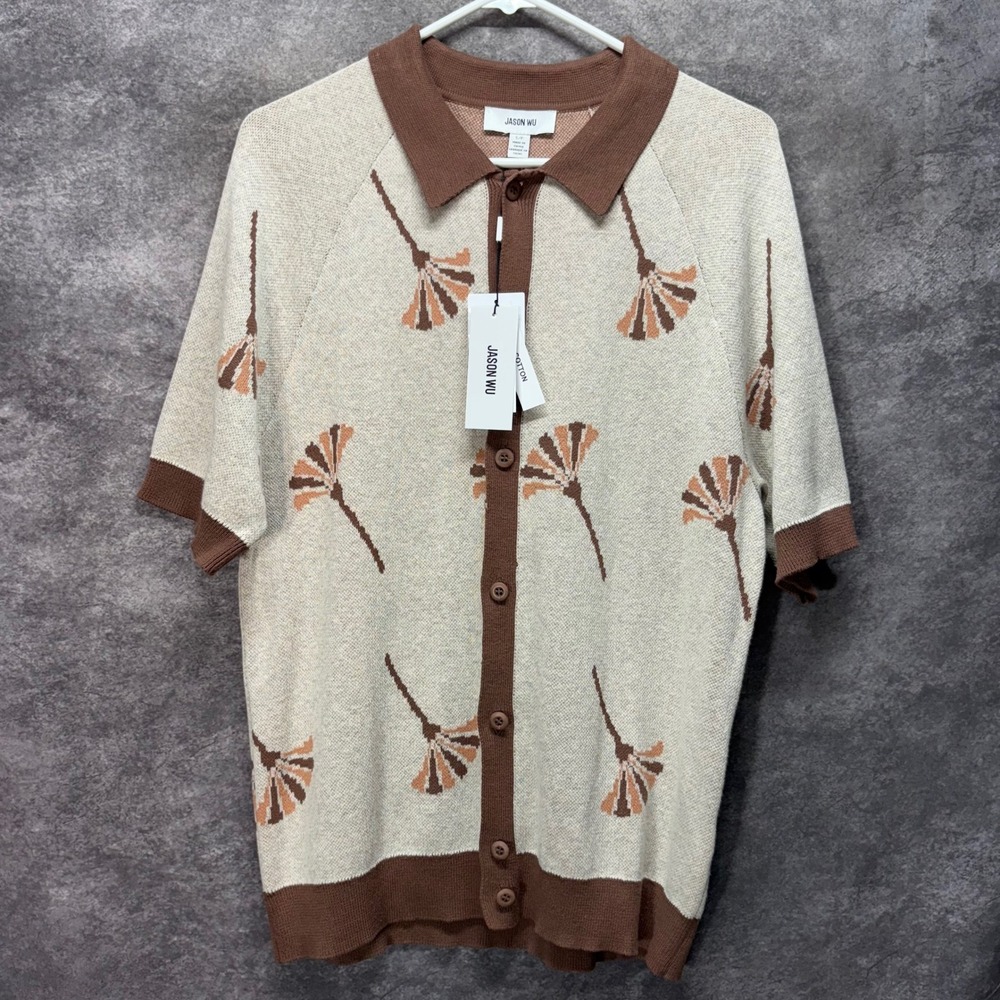Jason Wu Dandelion Raglan Sleeve Button Up Polo Sweater Mens S Beige Retro Knit